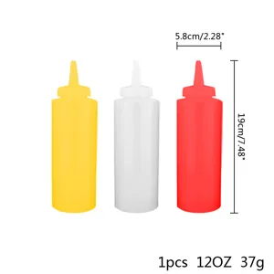 Dimensions détaillées des flacons souples de 12OZ en plastique jaune, blanc et rouge.