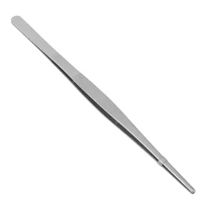 Detailed close-up view of durable stainless steel kitchen tongs for BBQ and precision cooking.