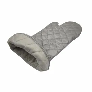 Close-up of a silver quilted extra-long heat-resistant oven mitt for BBQ and baking.