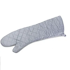 Close-up of an extra-long grey quilted oven mitt designed for high heat resistant protection