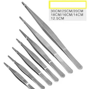 Set of 7 thickened stainless steel straight kitchen tweezers in various sizes for BBQ