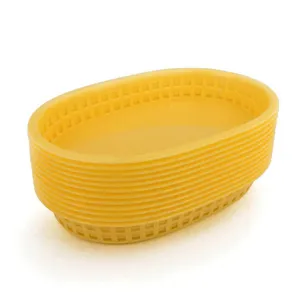 Stackable yellow oval plastic mesh food serving baskets for fries and snacks detail