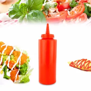 Bouteille souple en plastique rouge pour ketchup et moutarde avec suggestions de service