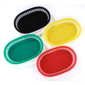 Colorful plastic food baskets for hot dogs and fries in four vibrant colors