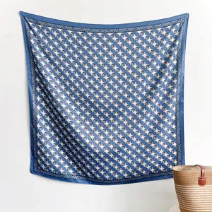 Women Elegant Geometric Plaid Printed Polyester Satin Square Scarf French Chic Silk Like Headscarf Foulard Shawl Accessory