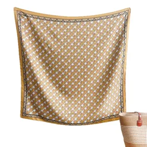 Elegant 90x90cm geometric pattern silk square scarf for women in yellow and white