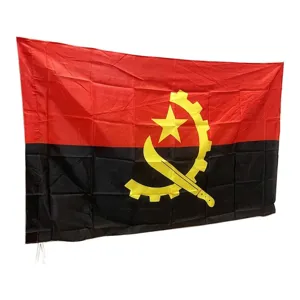 Close-up detail of the 90x150cm Angola polyester flag with star and cogwheel emblem.