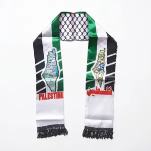 Elegante bufanda ceremonial de satén bandera Palestina con flecos negros para eventos