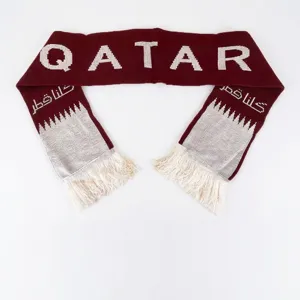 Qatar Football Fan Jacquard Knitted Scarf Acrylic Burgundy White Tassel Winter Warmer Arabic Text National Flag Neck Wrap