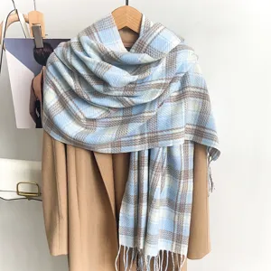Detailed view of a soft blue and white checkered winter scarf featuring delicate fringe.