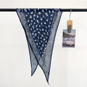 Vintage blue paisley floral cotton diamond scarf for hair styling and neck accessory