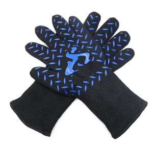 Heat resistant BBQ grilling gloves, black knit oven mitts with blue silicone grip patterns.