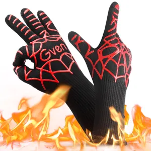 Heat resistant BBQ gloves with spider web design, ideal for grilling, baking, and kitchen use.