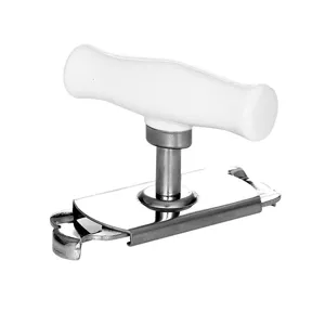 Detail view of an adjustable stainless steel jar opener with a white ergonomic handle