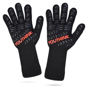 Detailed view of black heat resistant BBQ grilling gloves with silicone non-slip grip.