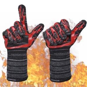 Heat resistant BBQ gloves, red silicone knitted gloves for grilling and baking use.