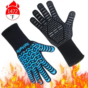 Heat resistant BBQ gloves, non-slip silicone knitted oven mitts for baking and grilling.
