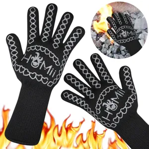 Black heat-resistant BBQ gloves with silicone anti-slip grip for kitchen baking and grilling.