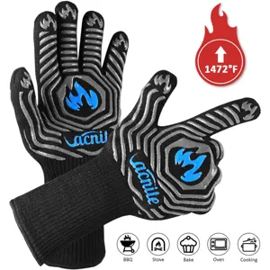 Heat resistant BBQ grilling gloves with silicone non-slip grip and flame pattern design.