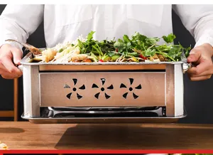 Detailansicht einer Edelstahl-Grillpfanne mit köstlichem gegrilltem Fisch und frischen Kräutern.