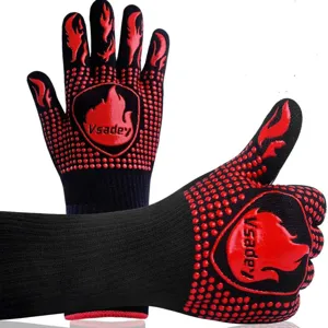 Black red heat resistant BBQ gloves silicone non-slip oven mitts for cooking baking grilling