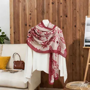 Elegant red floral print cotton linen scarf shawl for sun protection and fashion decor
