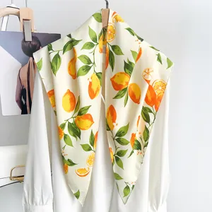 Diseño Coreano Fresco Estampado Limón Pañuelo Triangular Fino Verano Satén Bandana Protección Solar Bufanda para Mujer