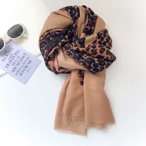 Detailed view of stylish leopard print scarf with frayed edges on a white background