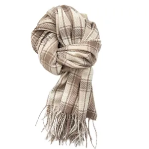 Elegant beige plaid winter scarf with tassels for men and women, soft and cozy wrap