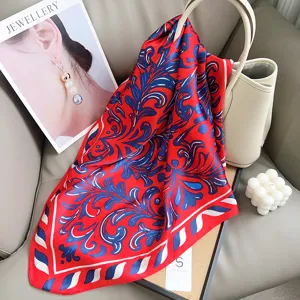 Women Elegant Satin Printed Square Scarf Baroque Paisley Floral Pattern Neck Decor Hair Wrap Handbag Handle Scarf Accessory