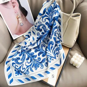Blue and white baroque print silk-like square scarf for women's neck decoration