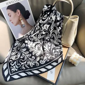 Elegant black and white floral printed silk-like square scarf for women in luxury style
