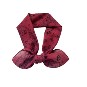 Pañuelo bandana vintage de algodón rojo oscuro con estampado paisley negro para el cuello