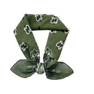 Bandana vintage de algodón con estampado paisley verde para mujer atada en forma de lazo