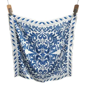 Elegant blue and white floral print silk-like square neck scarf for fashion women