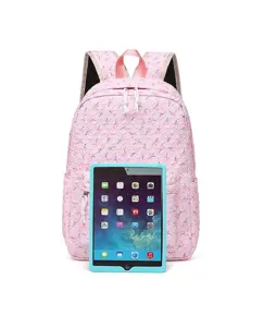 Pink floral backpack size comparison with a tablet, showing large capacity for students.