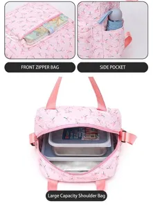 Detailed views of pink floral backpack showing front pocket, side pocket, and interior