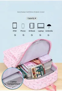 Detailed view showing interior storage of pink floral backpack with laptop pocket.