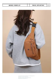 Stylish brown nylon sling bag for women, lightweight sports crossbody chest bag on model