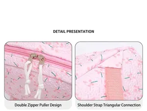 Close-up view of the double zipper heads and reinforced shoulder strap on pink floral backpack