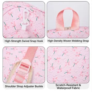 Detail views showing high-density straps, adjustable buckles, and waterproof floral fabric.