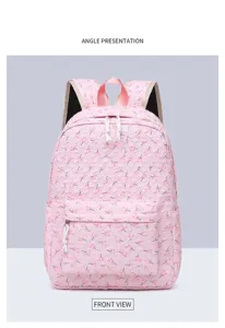 Front view detail of a pink floral school backpack with large capacity and cute design