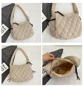 Trendy beige quilted cloud shoulder bag, large capacity soft tote crossbody bag for daily use.