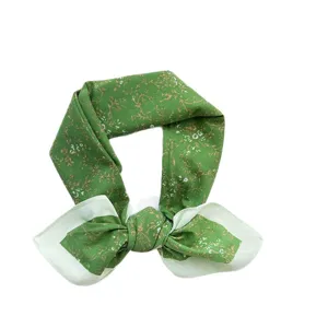Vintage green floral 100% cotton square scarf, breathable lightweight headscarf for women