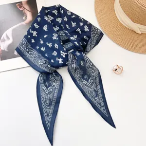 Vintage navy blue paisley cotton hair scarf with retro floral pattern for versatile styling