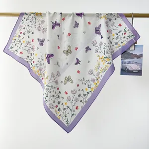 Pastoral Style Butterfly Floral Print 100% Cotton Square Scarf For Women Lightweight Breathable Headband Hair Tie Scarf Summer Sun Protection Bandana