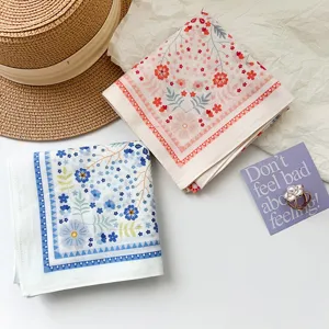 Sweet floral cotton square scarf set for women, summer hair band and neck accessory