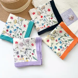 Floral print cotton square scarves with colorful borders for summer sun protection and hair