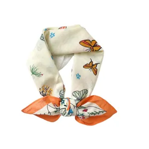 Pastoral cotton scarf featuring butterfly and flower patterns styled in a chic bow knot