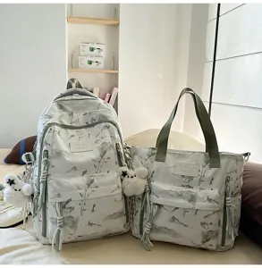 Japanese style landscape print backpack and matching tote bag with cute bear charm detail